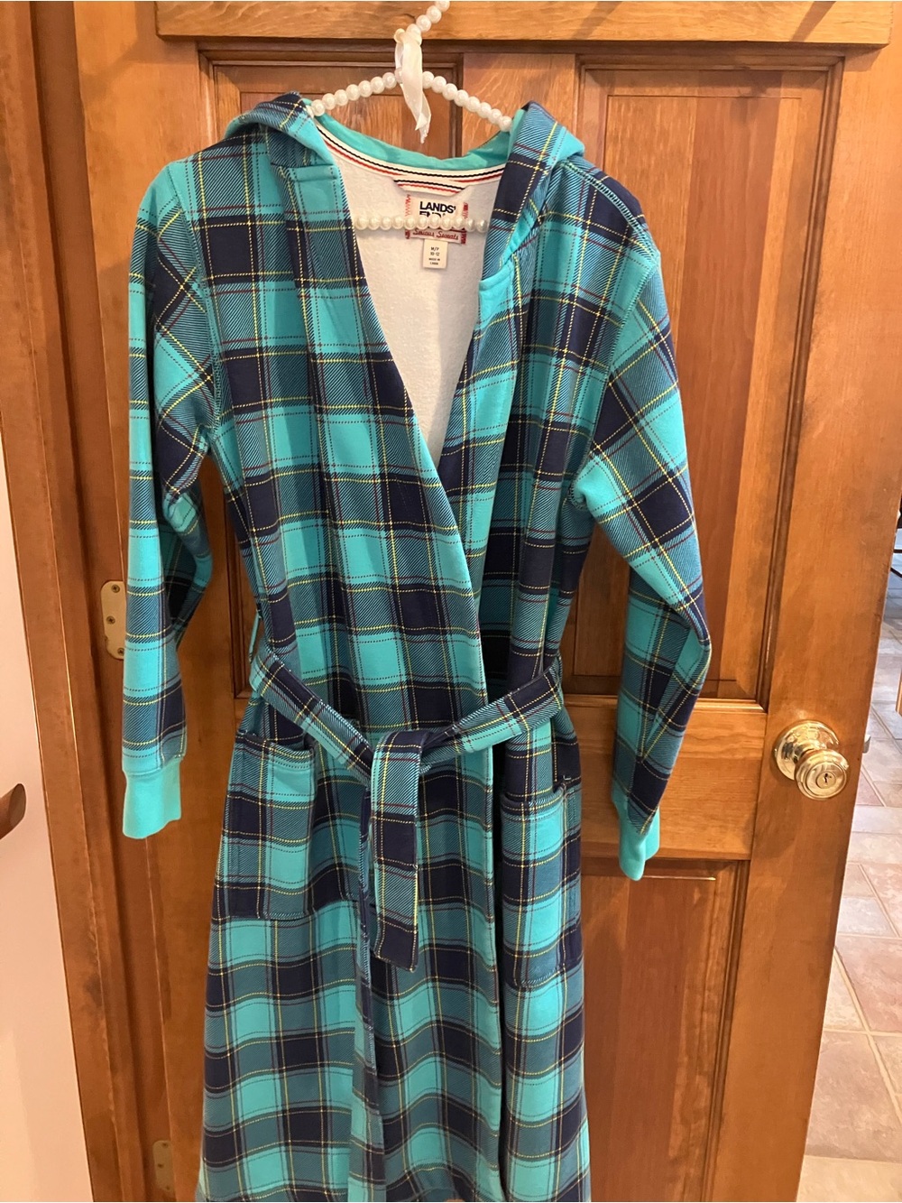 Lands' End Women's Teal & Navy Plaid Hooded Robe in size Petite Medium